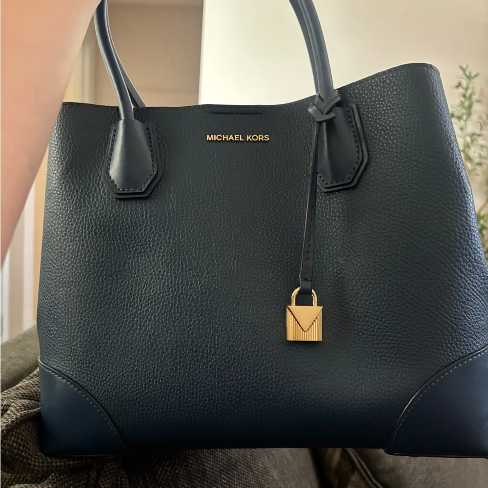MICHAEL KORS Navy Pebbled Leather Satchel with Gold Lock